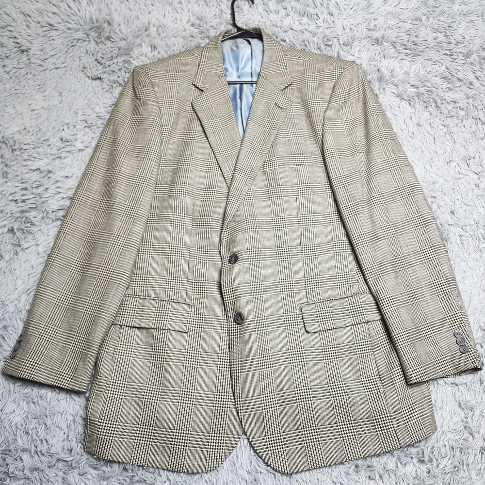Alan Flusser Blazer Sport Coat Mens 46L Gray Blue Plaid Worsted Wool Two Button